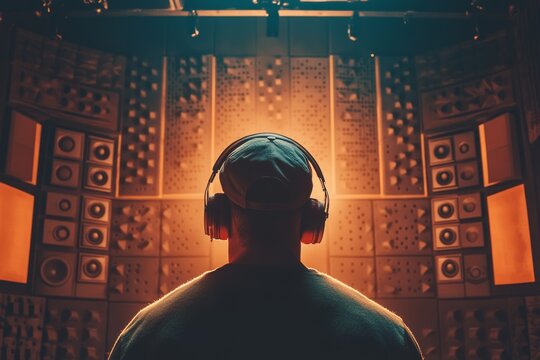 A person wearing headphones stands in a soundproof studio, surrounded by acoustic panels.