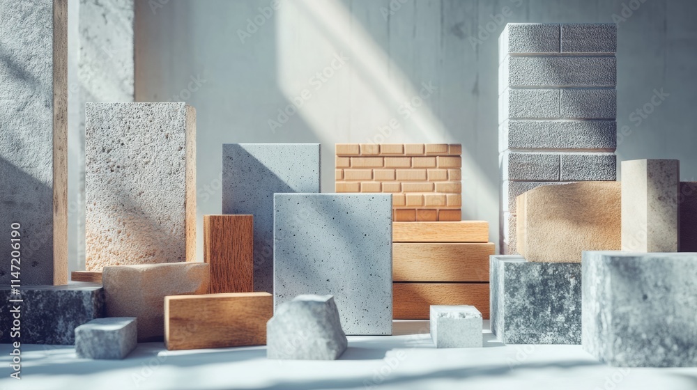 Poster building materials display featuring bricks, wood, and concrete blocks with available copy space for