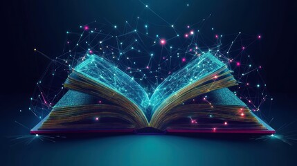An open book with a glowing blue, purple, and orange digital network of connected lines and points.
