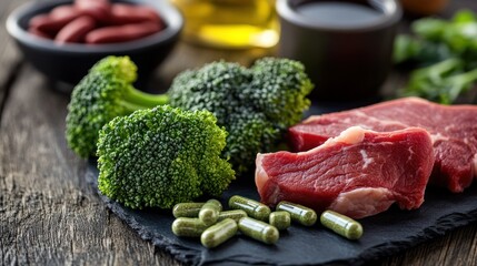 Fresh broccoli, raw beef, and green capsules on a slate plate next to a bottle of oil, a bowl of red pills, and parsley on a wooden surface.