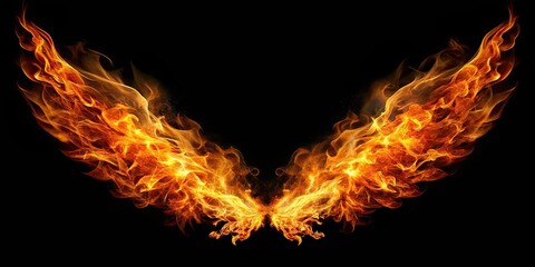Fototapeta premium Fire Wings Isolated on Black Background , wings of fire, flames, fiery, hot, heat, burning, blaze, inferno