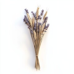 Fototapeta premium Single dried bouquet in 3D with pale wheat and lavender, simple design, isolated on a white background for a clean minimalist style
