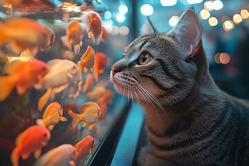 A curious tabby cat intently observing a tank full of goldfish.