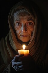 Senior nun holding a burning candle in the dark