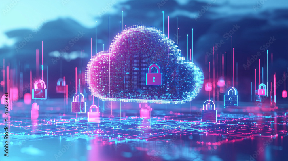 Poster abstract digital cloud with glowing padlocks, symbolizing secure cloud computing, data encryption, a