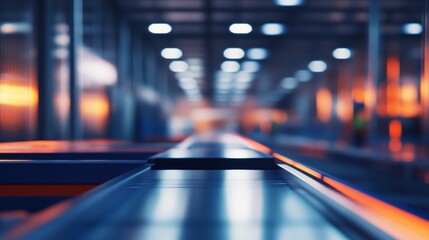 A blurry view down a factory conveyor belt with lighting.