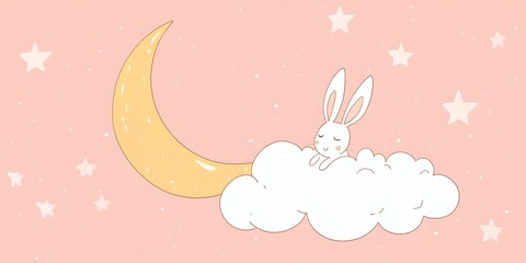A Sleeping Bunny Rests On A Cloud Near A Crescent Moon