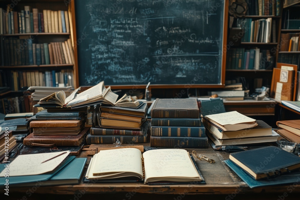 Aufkleber study desk filled with books, notebooks, and stationery in a cozy library setting with a chalkboard 