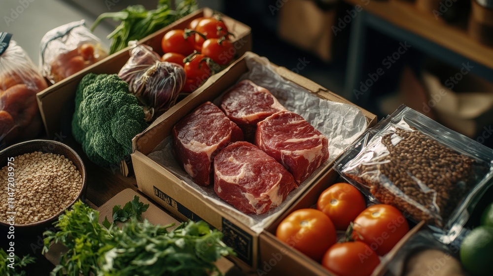 Poster fresh vegetables, meat, and grains arranged on a market display with copy space for text and promoti
