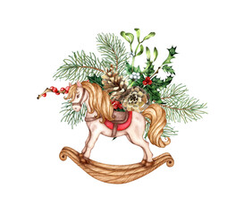 Rocking horse toy with fir branches, pine cones, holly, mistletoe, berry watercolor illustration. Vintage animal for children's entertainment isolated from background. New Year's, Christmas toy.