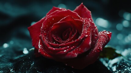 Close-up of a single, dew-covered red rose.