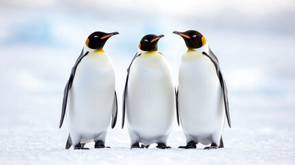 Fototapeta premium Three king penguins standing together on snow.