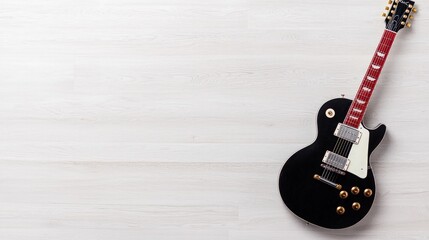 Fototapeta premium Black electric guitar on light wood background.