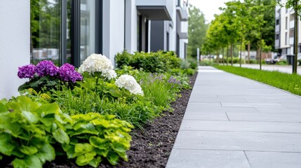 Modern apartment building with landscaped walkway and flowers.