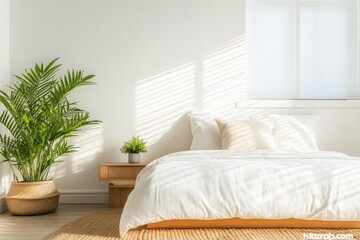A serene bedroom featuring a bed, plants, and natural light.
