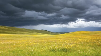Fototapeta premium Vibrant Wildflowers Dancing Beneath Moody Stormy Skies In The Meadow Of Natures Beauty