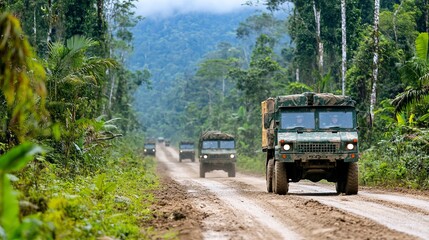 Military cargo trucks convoy driving on muddy road in forest