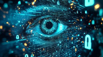 A stylized digital eye embedded in a binary code matrix, representing digital surveillance, data privacy concerns, and AI monitoring in the cyber world.