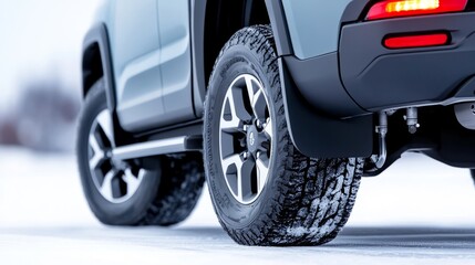 Close-up of rear wheel and mud flaps of truck on snowy road