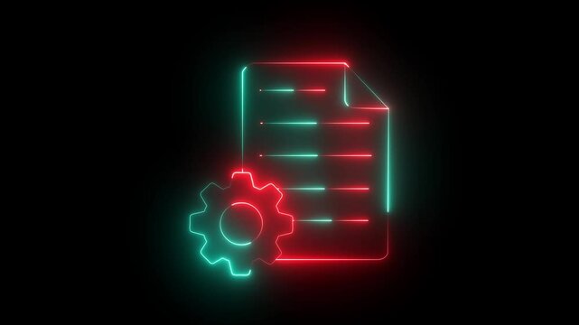 Neon line animated Document settings with gears icon isolated on black background. Software update, transfer protocol, teamwork tool management.