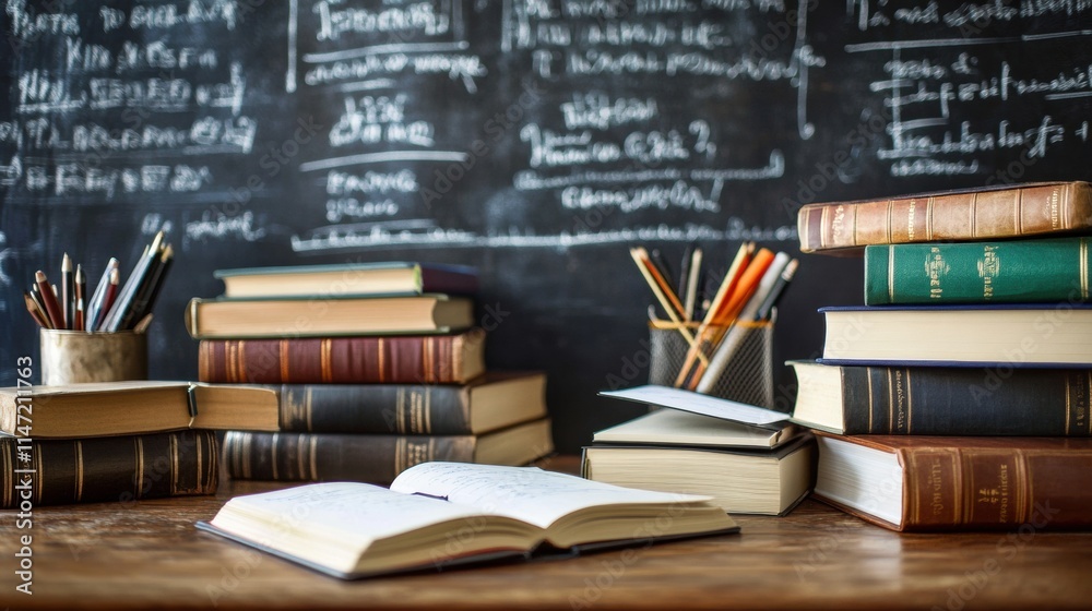 Fototapete study materials and stationery arranged neatly on a desk with chalkboard in background during study 