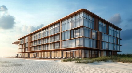Obraz premium Modern beachside hotel building, large glass windows, wooden paneling, minimalist architecture, realistic 3D render 