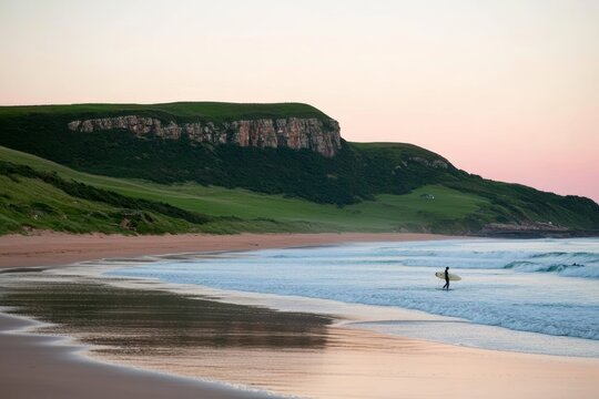 A serene beach scene at sunset with a lone surfer approaching the waves.