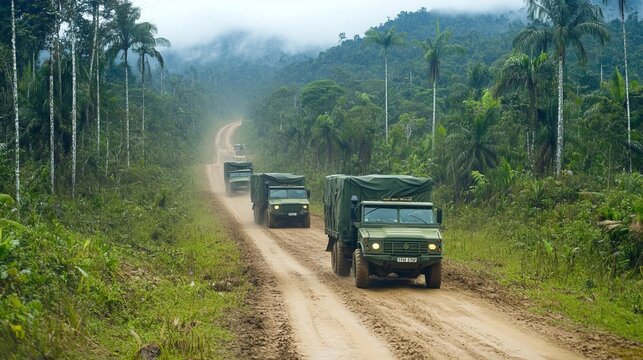 Military cargo trucks convoy driving on muddy road in forest