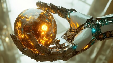 Robotic Hand Holding a Glowing Sphere on White Background