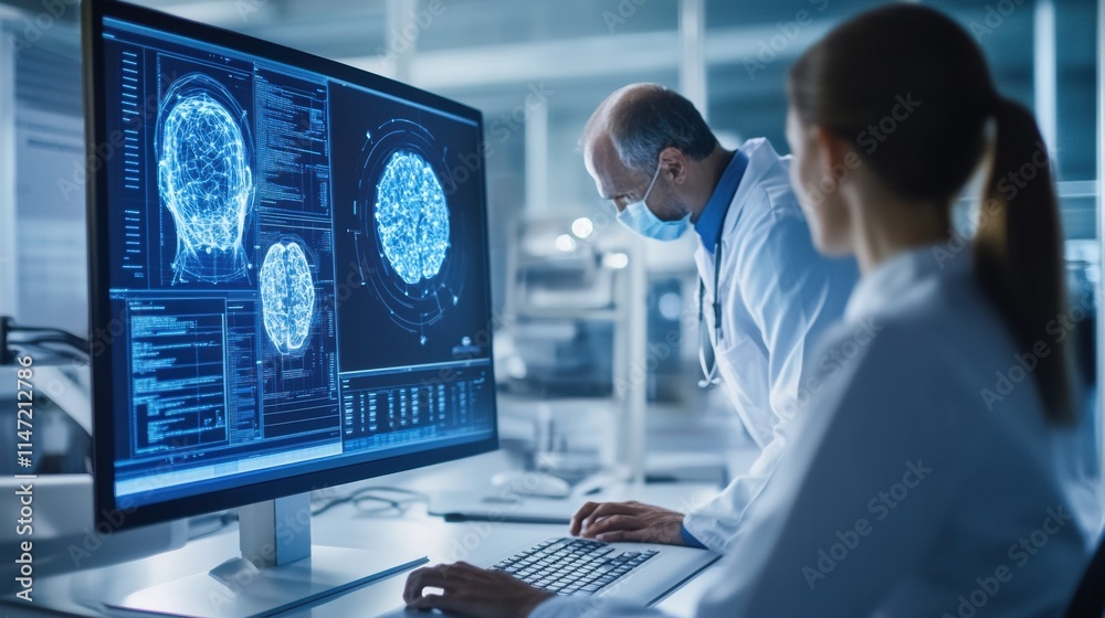 Poster Human and AI working together on complex data analysis in a modern laboratory environment. Generative AI
