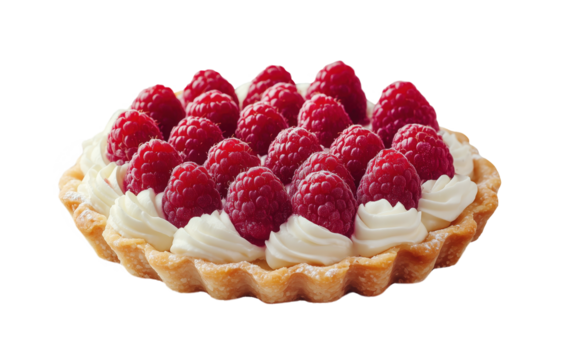 Beautiful tartlet with white cream and fresh raspberries on a transparent background