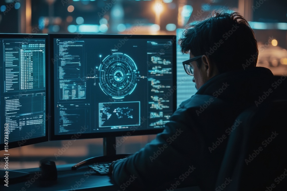 Poster Human and AI collaboration on complex data analysis at a modern workstation in a high tech environment at night. Generative AI