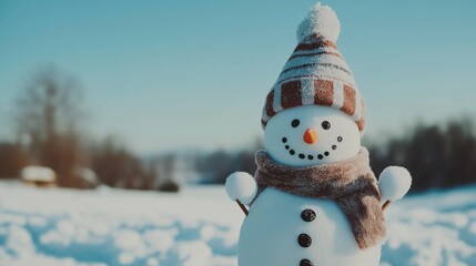Obraz premium Snowman stands cheerfully in a winter wonderland landscape covered in fresh snow