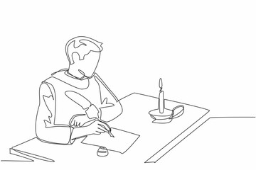 Single continuous line drawing man in medieval clothes writing on old paper. Writing rhyming poems. Writing metaphors with implied meanings. World Poetry Day. One line design vector illustration