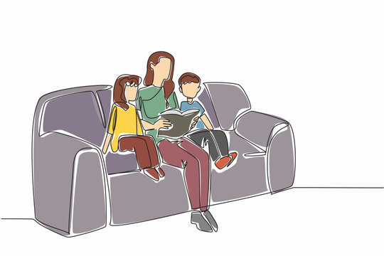 Continuous one line drawing mother reading a book on the sofa while hugging her daughter and son. Reading inspirational stories. National Single Parent Day. Single line draw design vector illustration - Powered by Adobe