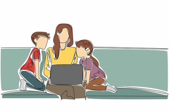 Single continuous line drawing mother opens laptop on sofa with her daughter and son. Bringing work to home. Missing the kids so much. National Single Parent Day. One line design vector illustration