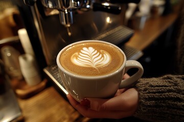 A person holding a latte with intricate foam art, set against a coffee machine backdrop.