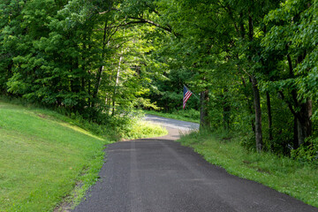 Country Road Winding Through Green Trees With American Flag