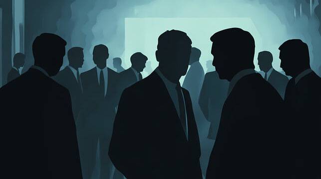 Mysterious business meeting with silhouetted figures in suits, conveying tension and secrecy in a dimly lit environment. Whisper. Illustration