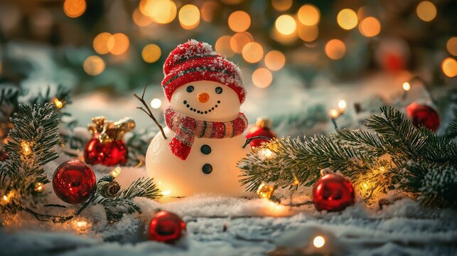 Cheerful snowman with festive decorations in a snowy Christmas landscape
