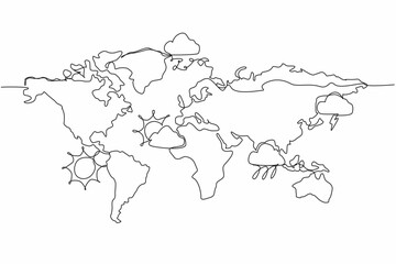 Single one line drawing world map in various regions with many weather prediction icons. Meteorologists predict for next few days. World Meteorological Day. Continuous line design graphic illustration