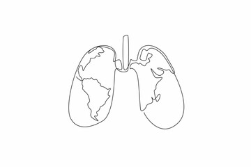 Single one line drawing lungs with a world map in the middle. Awareness must be raised in the world community. Maintain lung health. World Tuberculosis Day. Continuous line design graphic illustration