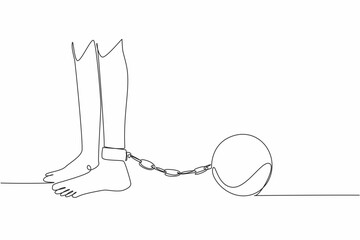 Single one line drawing feet shackled with metal prison ball. Detention without due process. Committing violations of human rights. Shackles of power. Continuous line design graphic illustration
