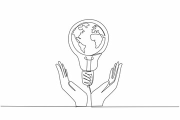 Single continuous line drawing bulb lamp is in the middle of the two open arms. Global movement to care more about the fate of the earth. Electric. Earth Hour Day. One line design vector illustration