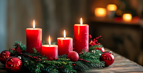 Elegant Christmas Candle Arrangement with Red Decorations