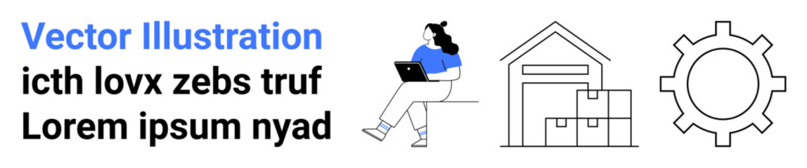 Person working on laptop, warehouse with boxes, and gear symbol. Representing productivity. Ideal for logistics, automation, productivity, warehousing, technology, business solutions, and work