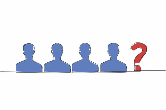 Single continuous line drawing four silhouettes of people and one question mark. Missing staff. Missing member. Missing family. Disappeared and not yet found. One line design vector illustration