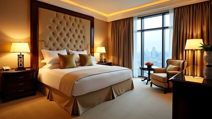Obraz premium A luxurious hotel room with a king-sized bed, soft lighting, and elegant decor