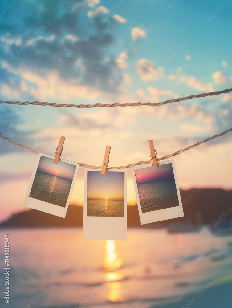 Aufkleber Polaroid pictures hanging on a string against a colorful sunset sky creating a nostalgic and artistic display for memories. Generative AI