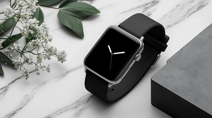 Minimalist Smartwatch Mockup Resting on a Sleek and Modern Tech Style Background Showcasing a Blank Digital Display and Sophisticated Design